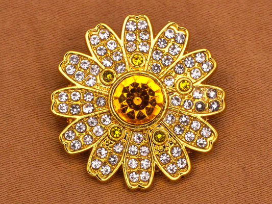 Daisy Flower Yellow Rhinestone Metal Button 25mm