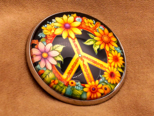Peace Sign Flower Wreath Glass Dome Silver Metal Button 27mm
