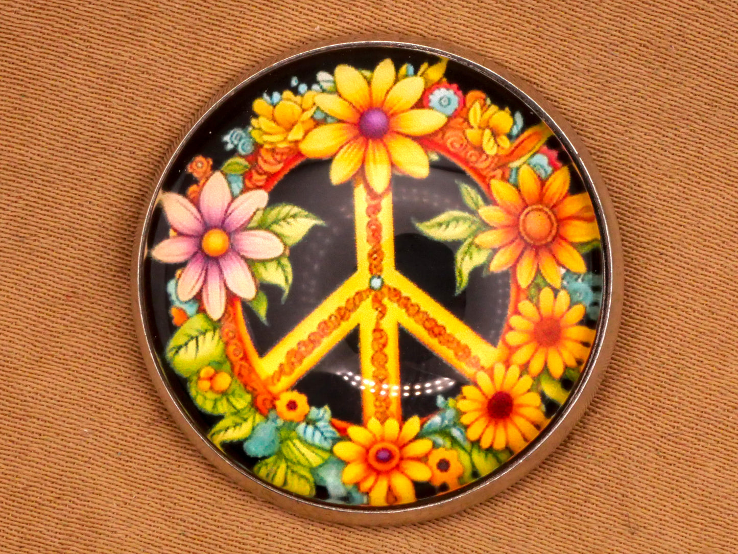 Peace Sign Flower Wreath Glass Dome Silver Metal Button 27mm
