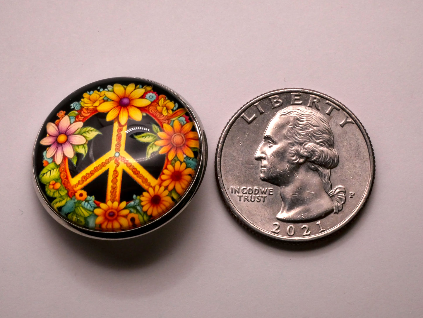Peace Sign Flower Wreath Glass Dome Silver Metal Button 27mm