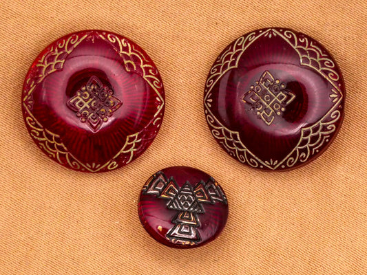 Red Translucent Asian Motif Foil Back Glass Button Various 12-18mm