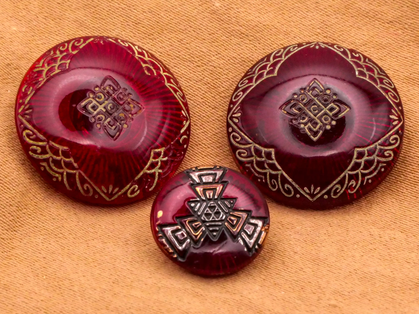 Red Translucent Asian Motif Foil Back Glass Button Various 12-18mm