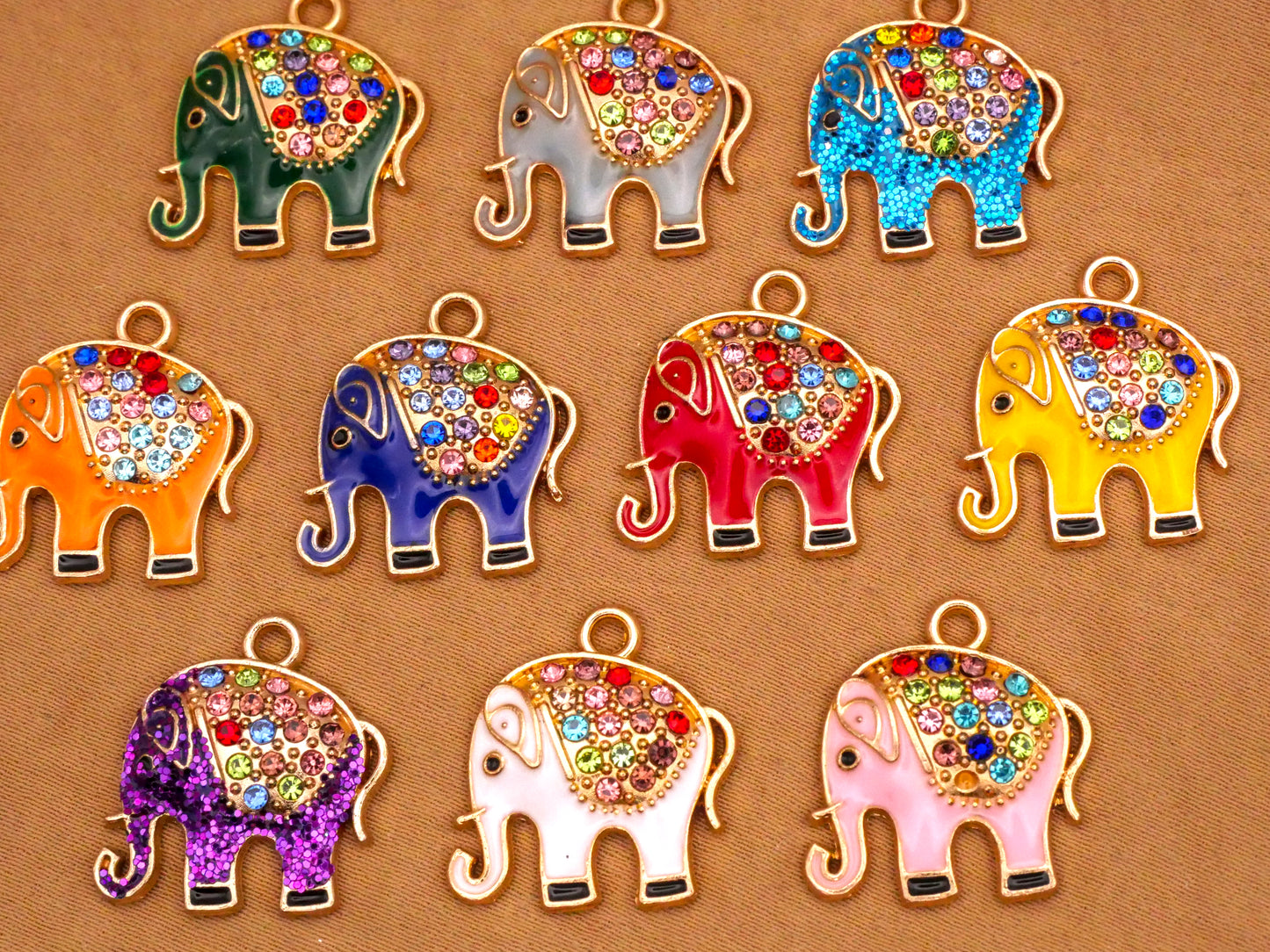 Elephant Enamel Rhinestone Assorted Set of Four Charms Embellishments 17x19mm