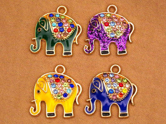 Elephant Enamel Rhinestone Assorted Set of Four Charms Embellishments 17x19mm