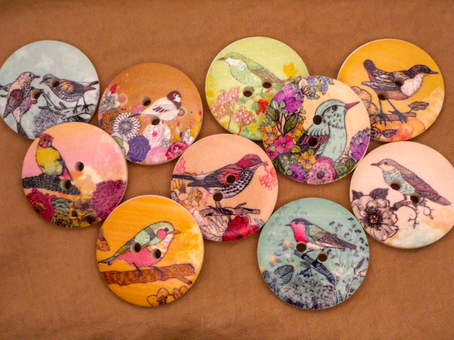 Bird Scene Flower Wood Assorted Set of Four Buttons 30mm