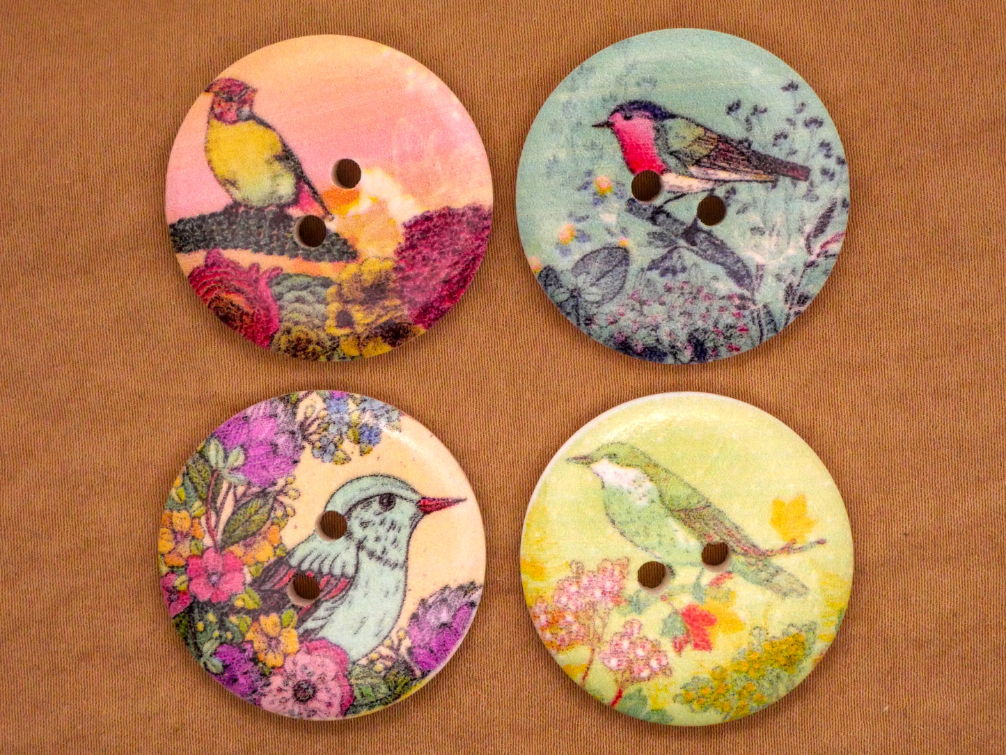 Bird Scene Flower Wood Assorted Set of Four Buttons 30mm