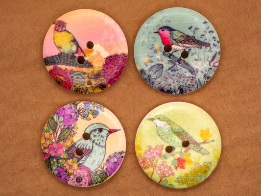 Bird Scene Flower Wood Assorted Set of Four Buttons 30mm