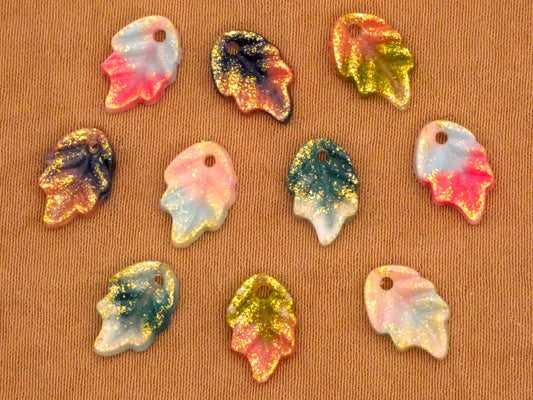 Colorful Ombre Glitter Leaf Leaves Plastic Assorted Set of Ten Charms Embellishments 7x10mm