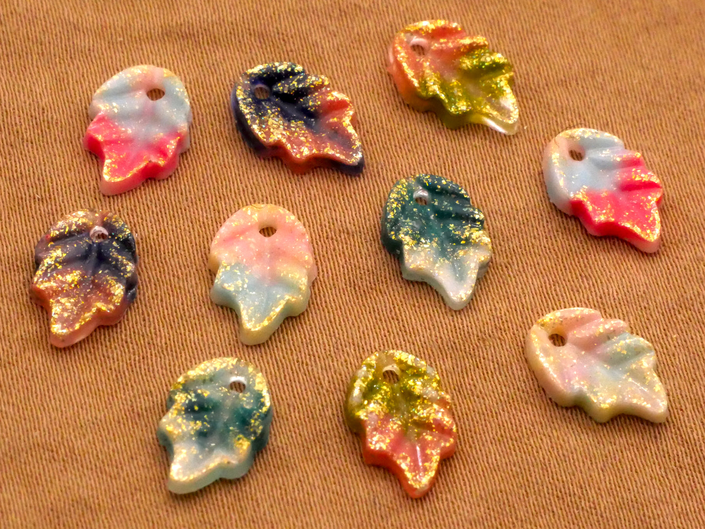 Colorful Ombre Glitter Leaf Leaves Plastic Assorted Set of Ten Charms Embellishments 7x10mm