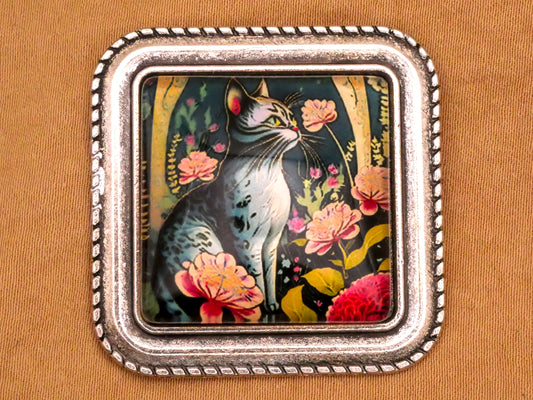 Art Nouveau Cat and Flowers Glass Dome Button 26mm