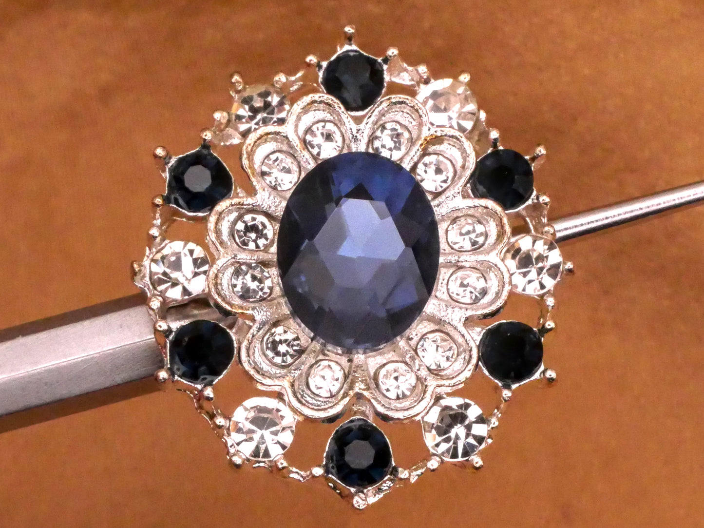 Navy Blue Rhinestone Flower Filigree Silver Metal Button 22x25mm