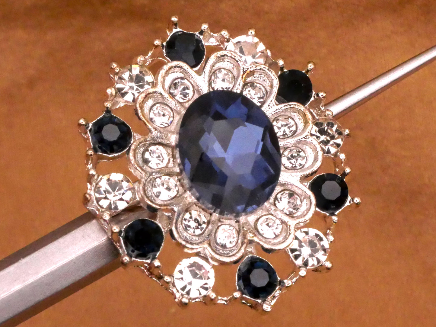 Navy Blue Rhinestone Flower Filigree Silver Metal Button 22x25mm