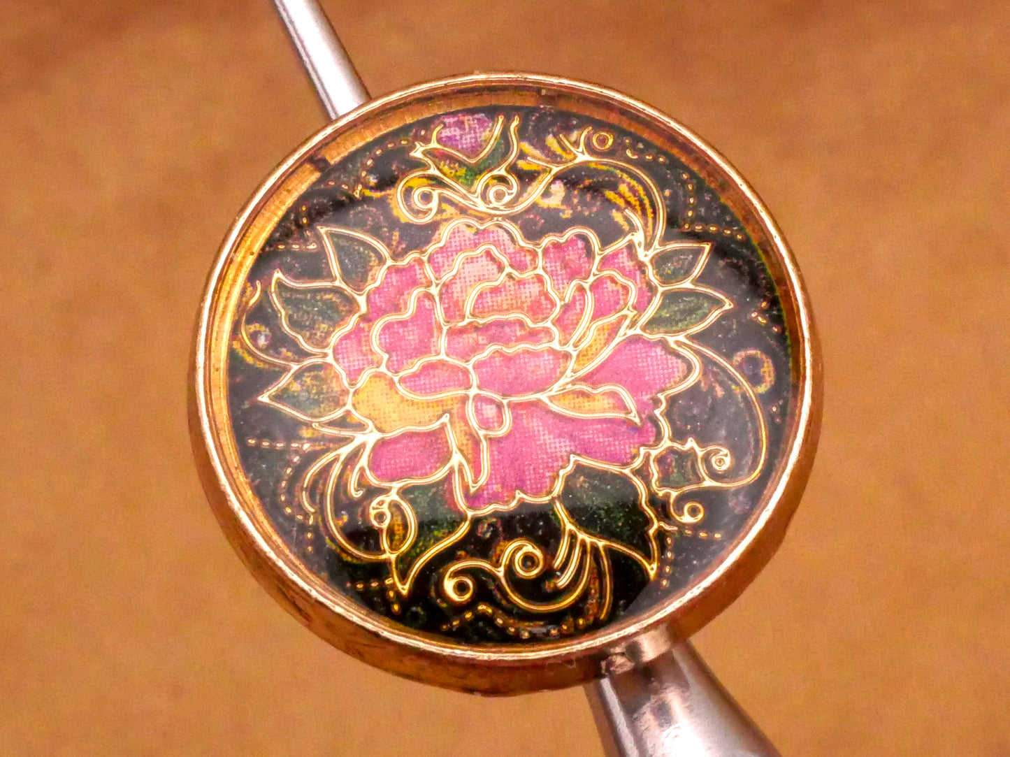 Peony Flower Bloom Resin Gold Metal Button 18mm