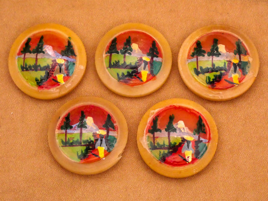Landscape Mountain Trees Woman Hand-Painted Vegetable Ivory Tagua Nut Button Various 21mm