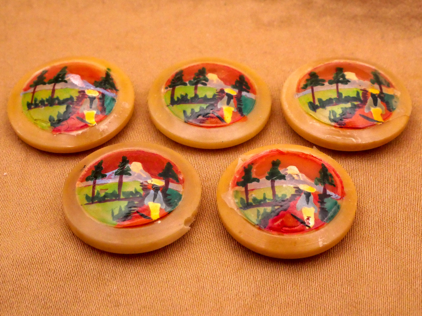 Landscape Mountain Trees Woman Hand-Painted Vegetable Ivory Tagua Nut Button Various 21mm