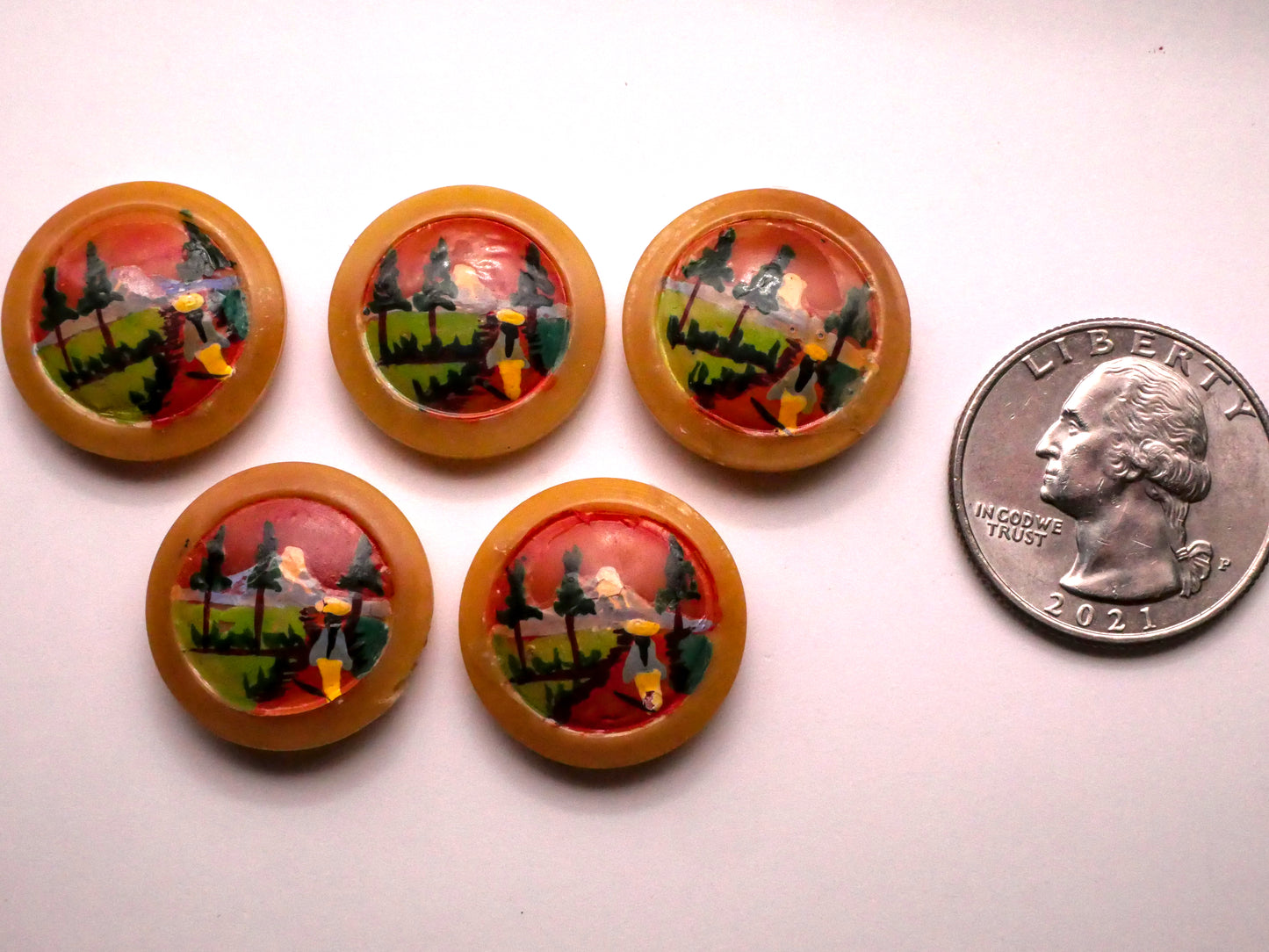 Landscape Mountain Trees Woman Hand-Painted Vegetable Ivory Tagua Nut Button Various 21mm