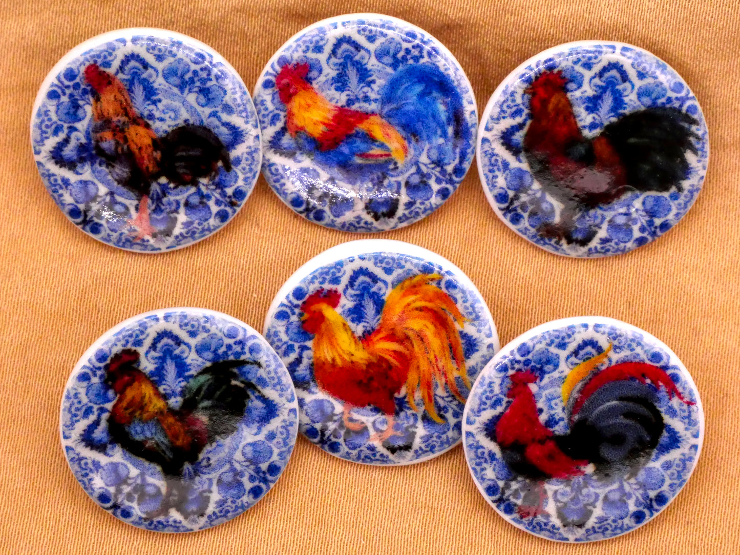 Rooster Blue White Ceramic Button Various 19mm
