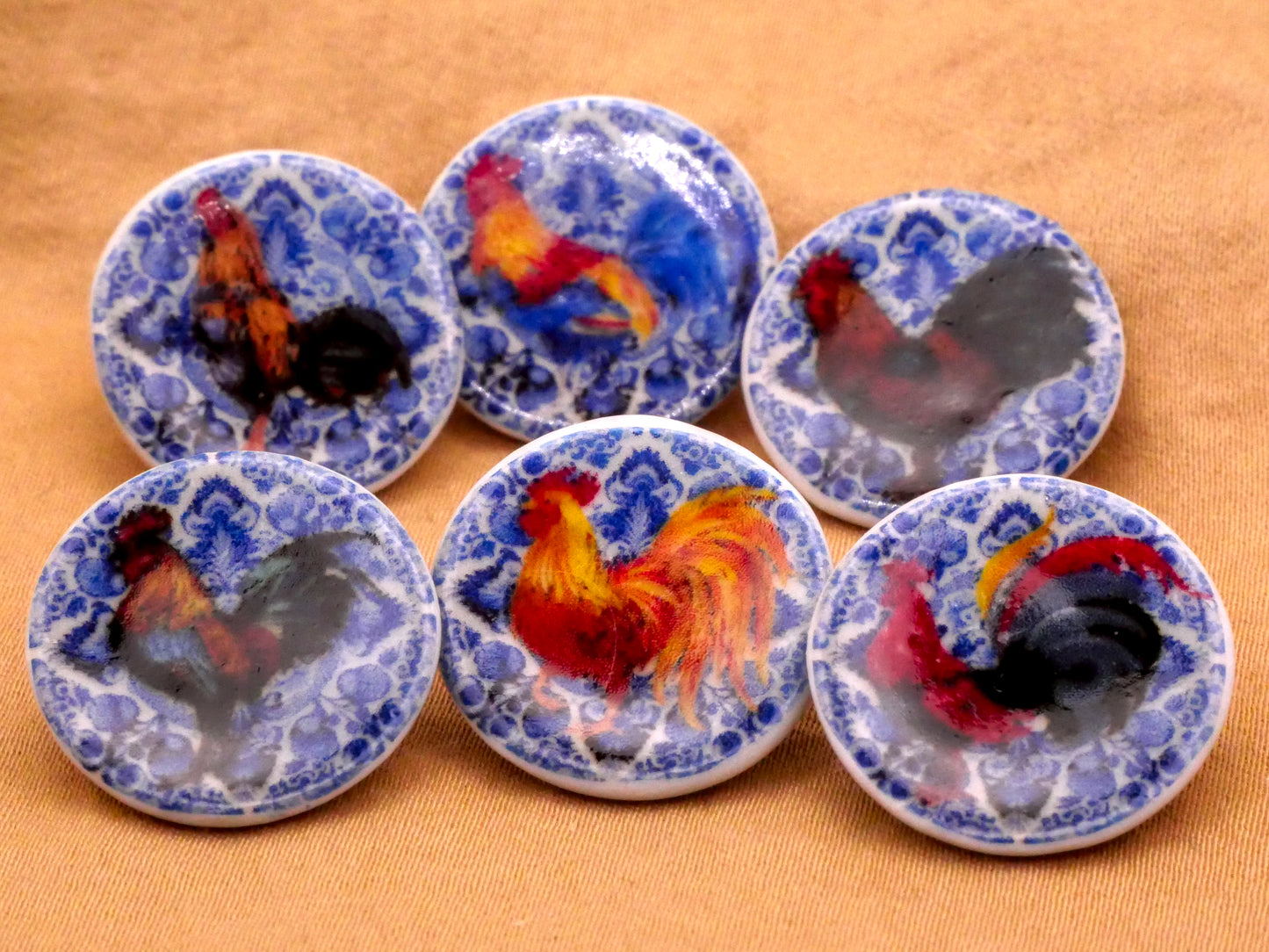 Rooster Blue White Ceramic Button Various 19mm