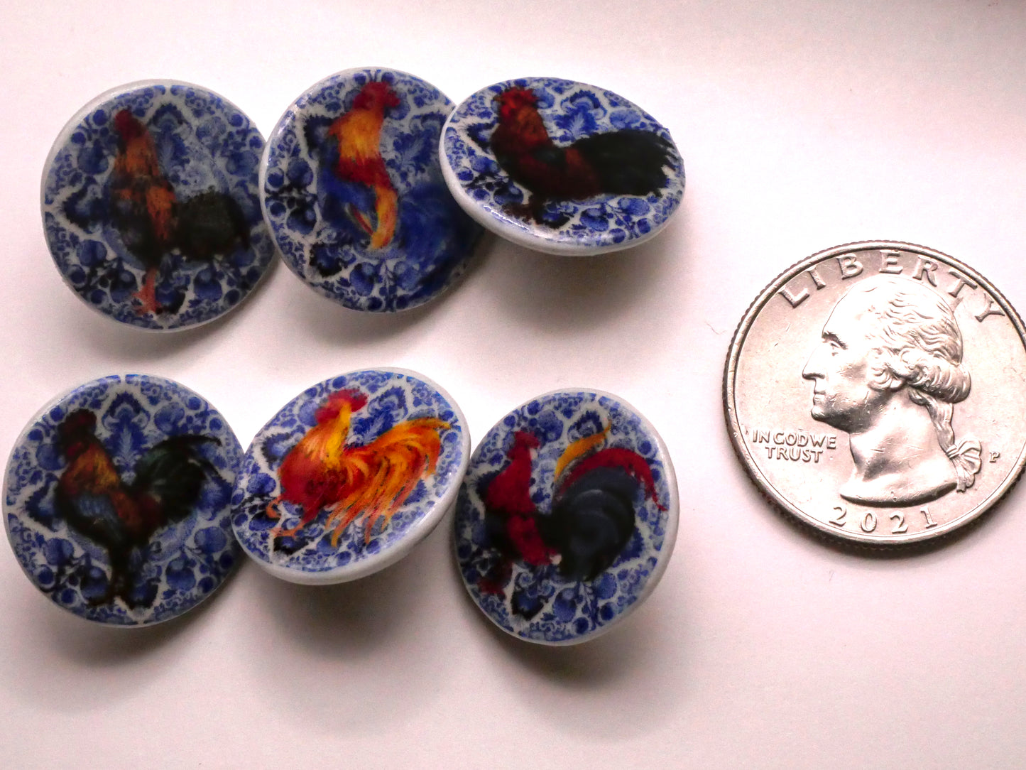 Rooster Blue White Ceramic Button Various 19mm