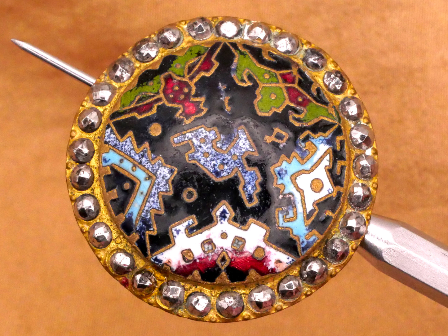 Aztec Design Cloisonné Enamel Steel-Cut Victorian Button 29mm