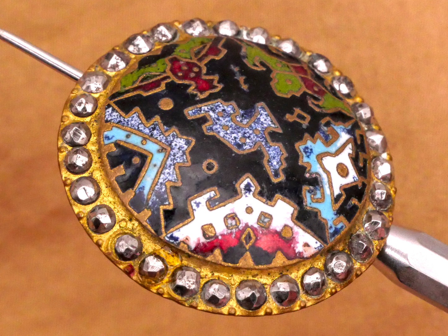Aztec Design Cloisonné Enamel Steel-Cut Victorian Button 29mm