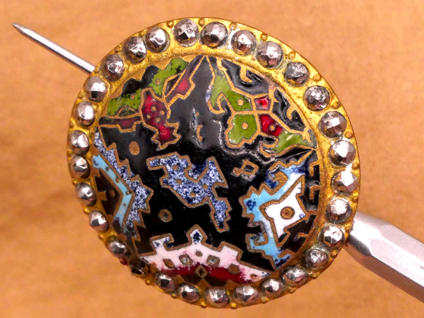 Aztec Design Cloisonné Enamel Steel-Cut Victorian Button 29mm