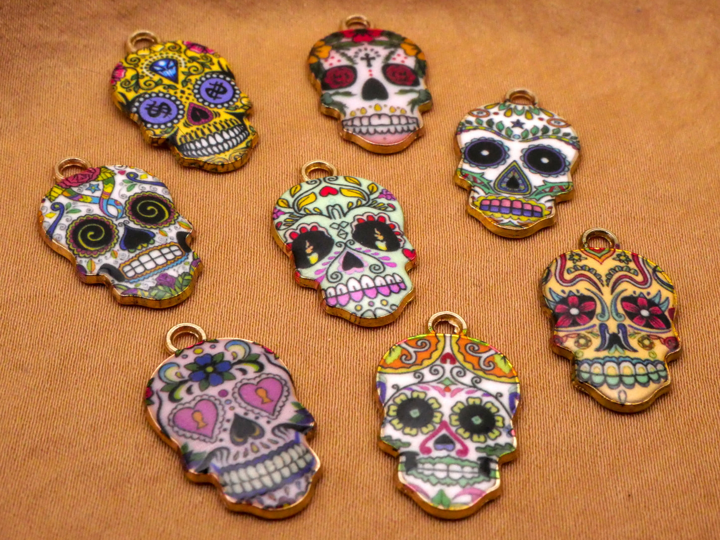 Sugar Skull Day of the Dead Set of Eight Charms Embellishments 13x22mm
