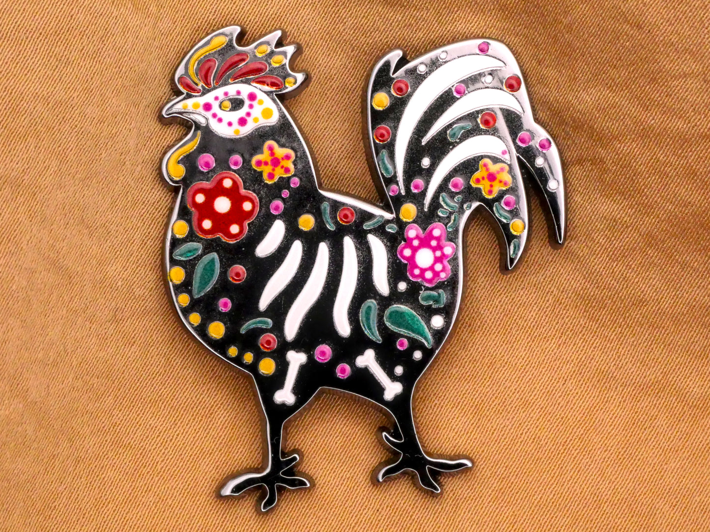 Rooster Skeleton Day of the Dead Large Enamel Metal Button 34x40m
