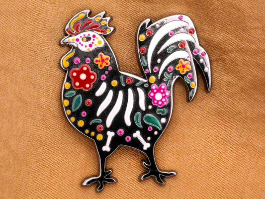 Rooster Skeleton Day of the Dead Large Enamel Metal Button 34x40m