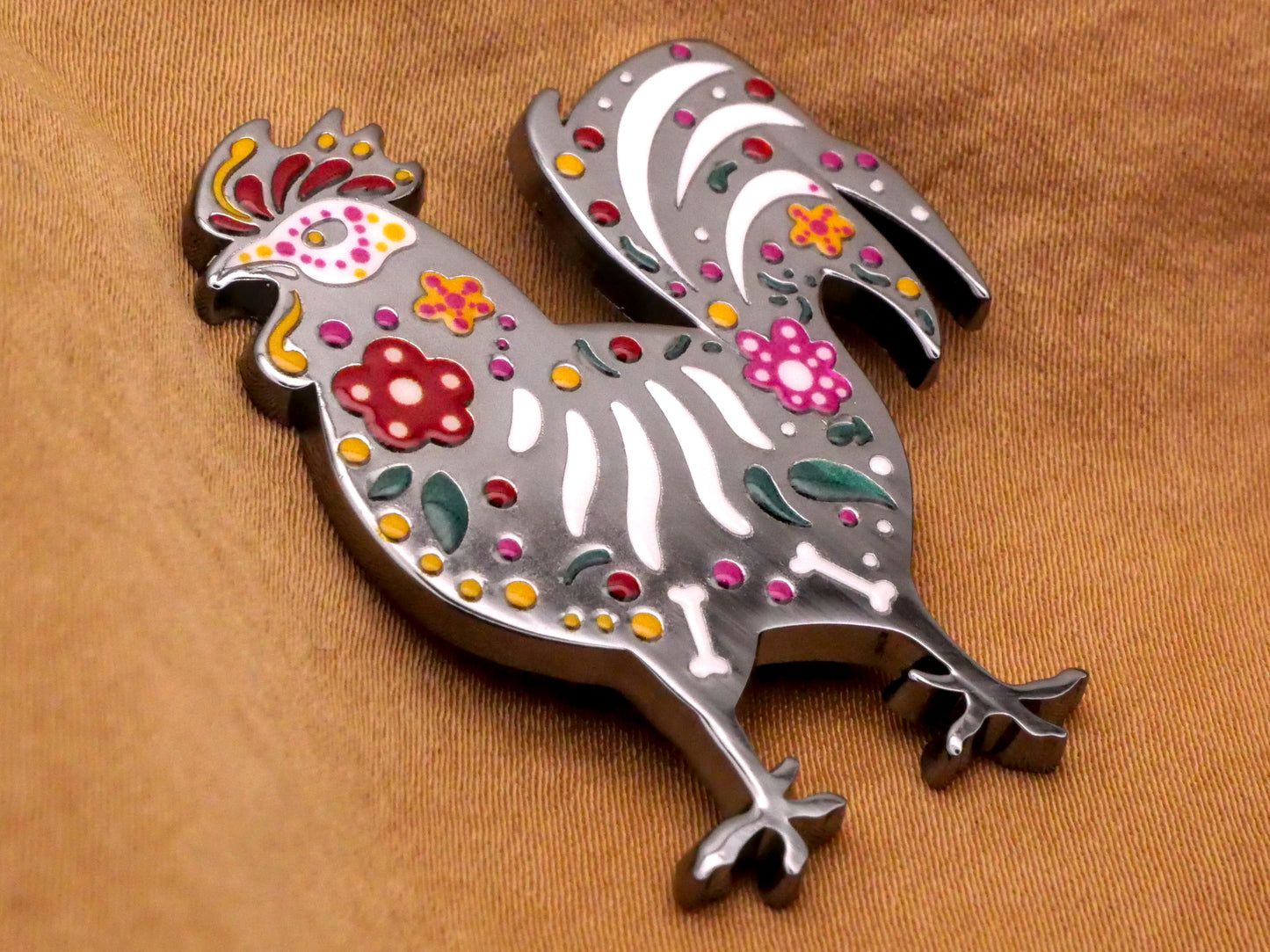 Rooster Skeleton Day of the Dead Large Enamel Metal Button 34x40m