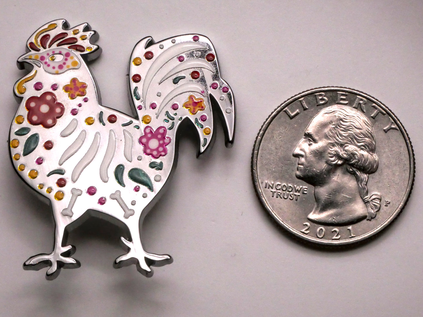 Rooster Skeleton Day of the Dead Large Enamel Metal Button 34x40m
