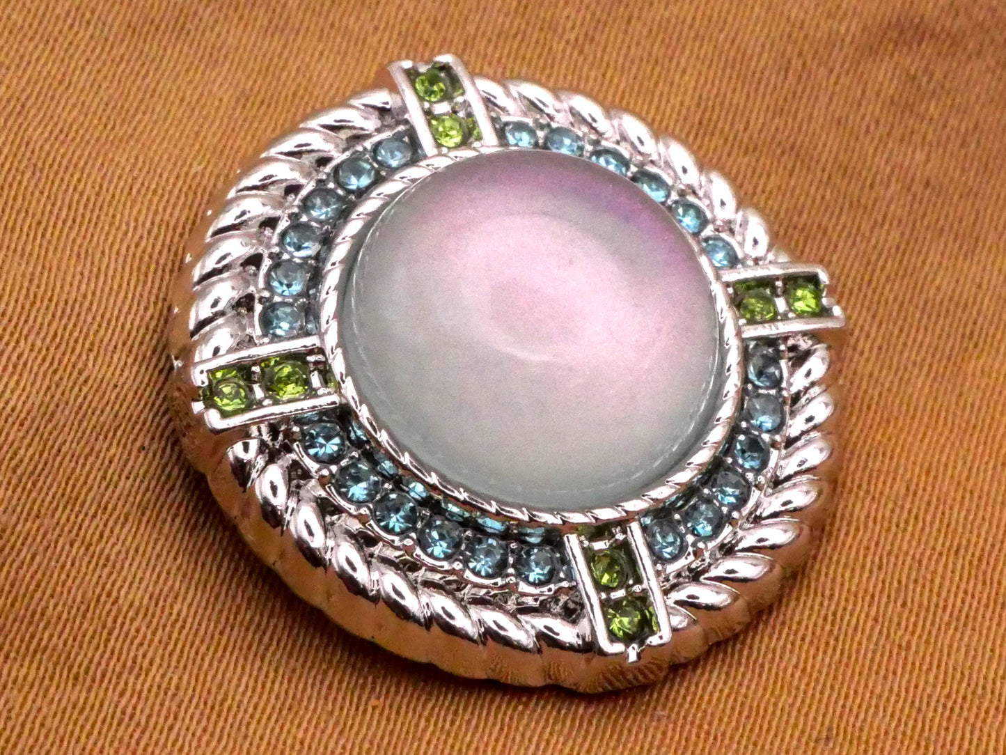 Moonstone Look Glass Aquamarine Rhinestone Metal Button 23mm