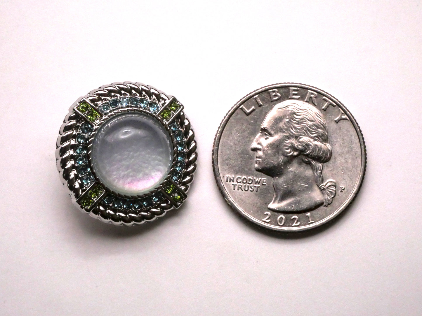Moonstone Look Glass Aquamarine Rhinestone Metal Button 23mm