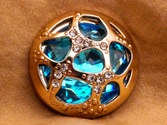 Caged Aquamarine Blue-Green Glass Jewel Metal Button 23mm