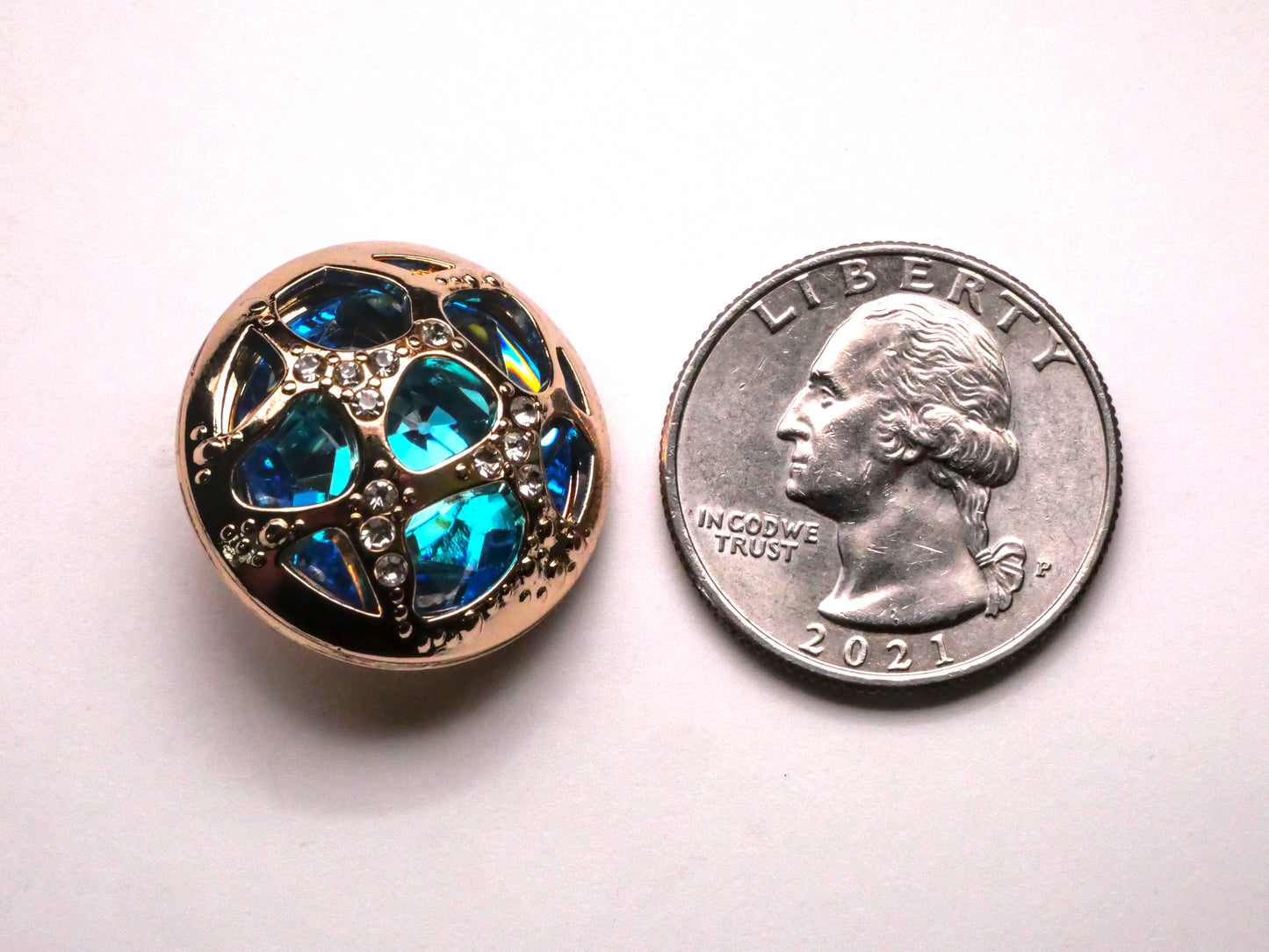 Caged Aquamarine Blue-Green Glass Jewel Metal Button 23mm