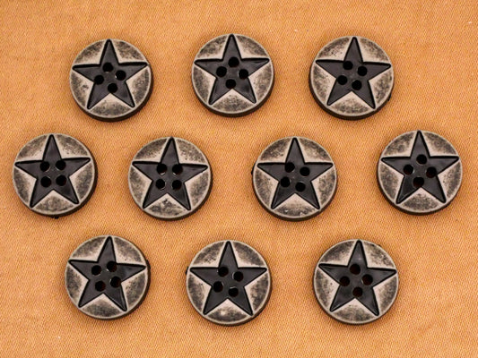 Star Weathered Look Black Plastic Set of Ten Buttons 13mm