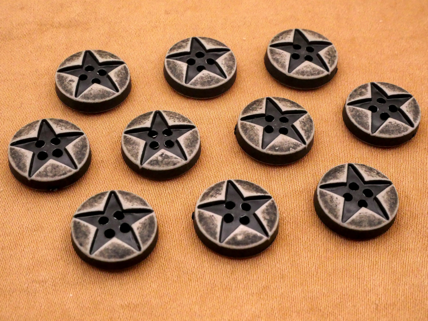 Star Weathered Look Black Plastic Set of Ten Buttons 13mm