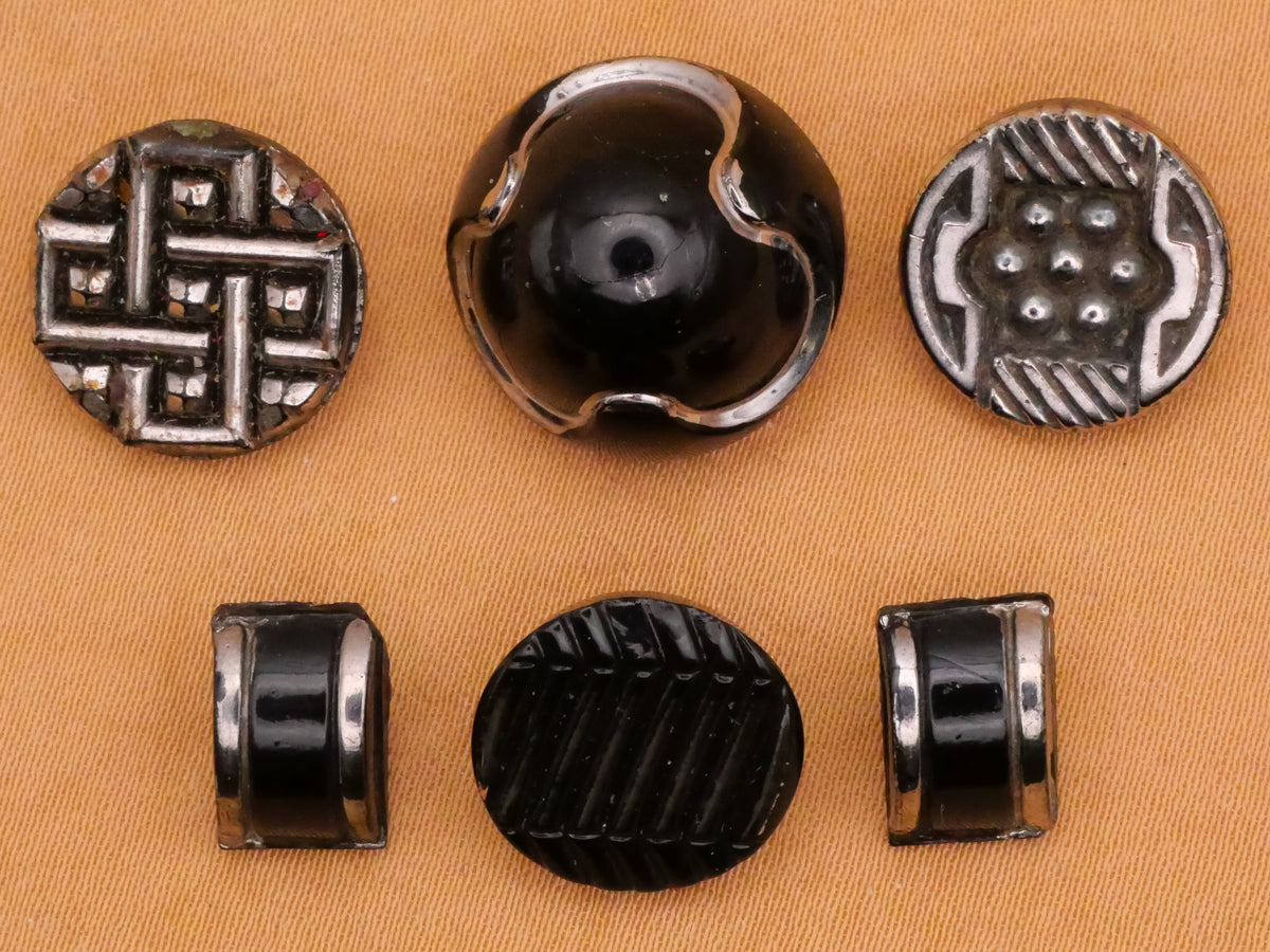 Art Deco Industrial Silver Luster Black Glass Button Various 7-16mm