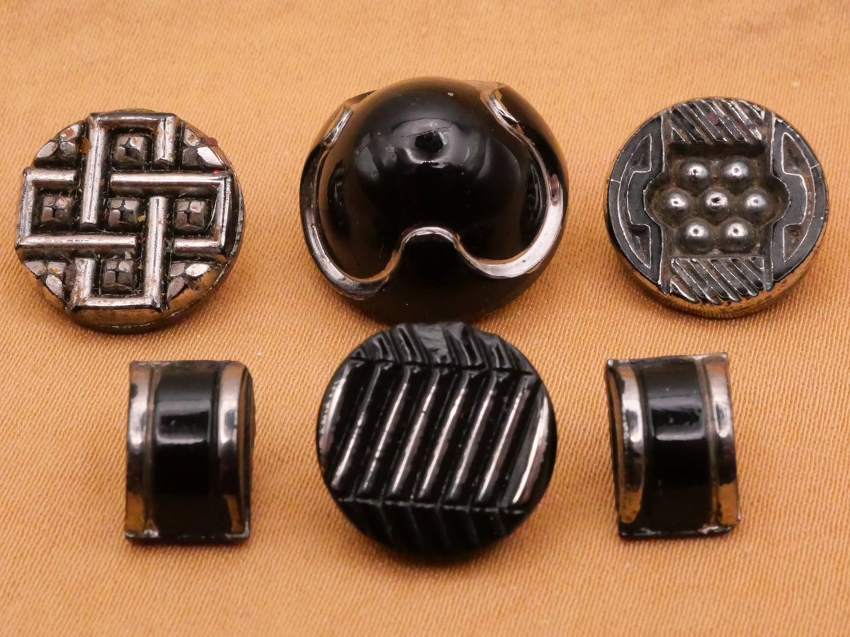 Art Deco Industrial Silver Luster Black Glass Button Various 7-16mm