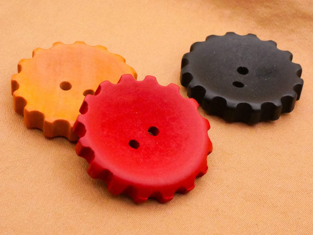 Gears Tan Black Red Wood Set of Three Buttons 27mm