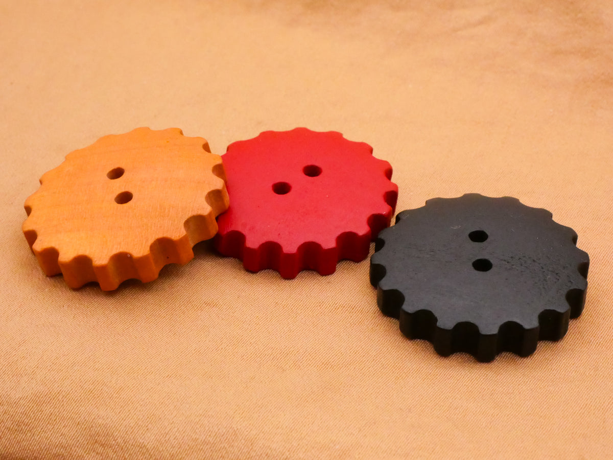 Gears Tan Black Red Wood Set of Three Buttons 27mm