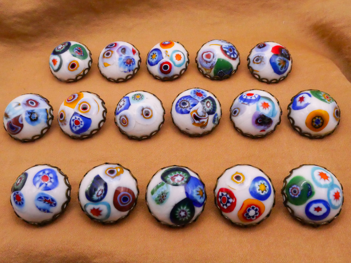 Millefiori Cluster White or Blue Glass Lace Metal Setting Button Various 19-21mm