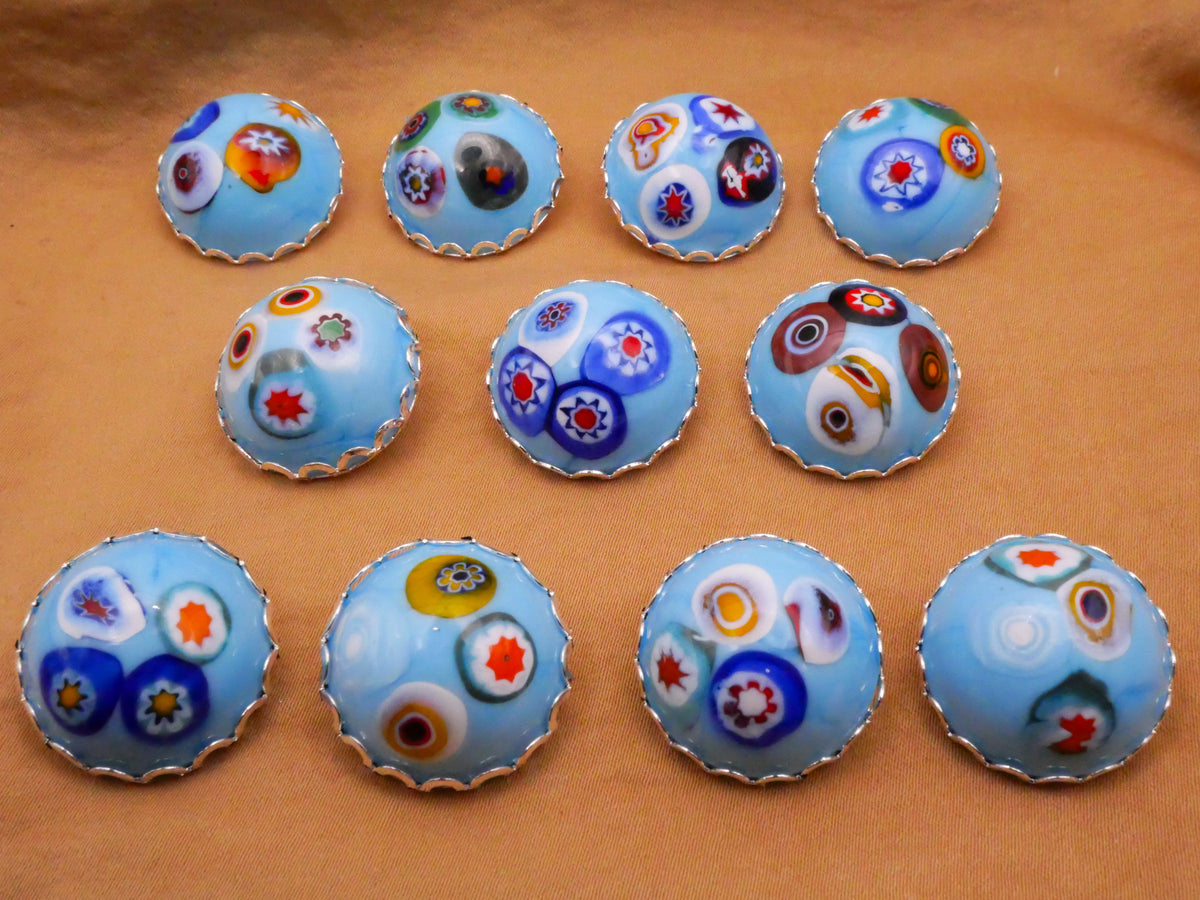 Millefiori Cluster White or Blue Glass Lace Metal Setting Button Various 19-21mm