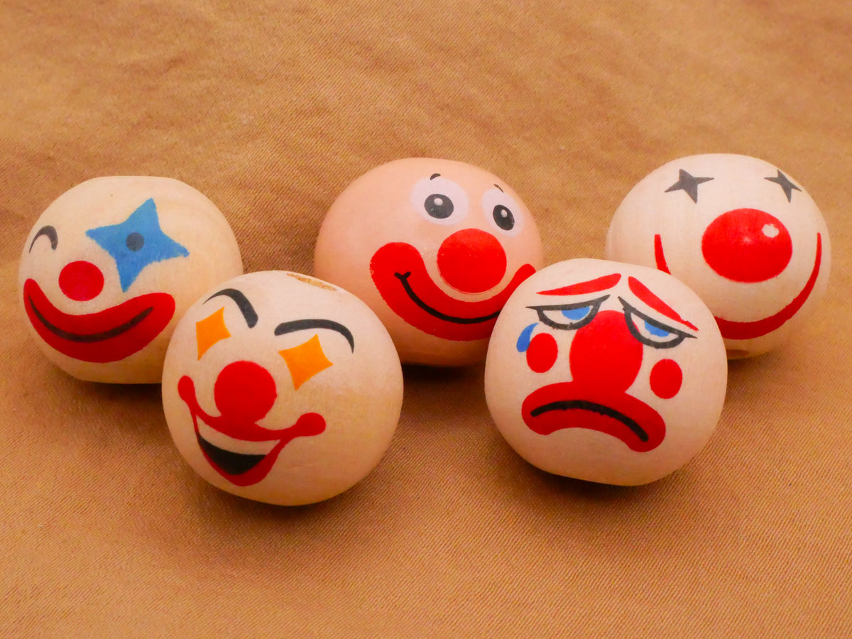 Clown Face Wood Set of Five Beads 20mm
