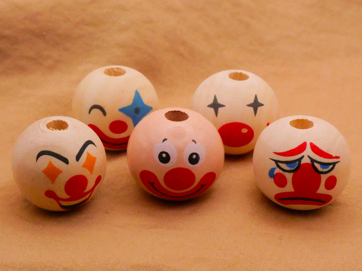 Clown Face Wood Set of Five Beads 20mm