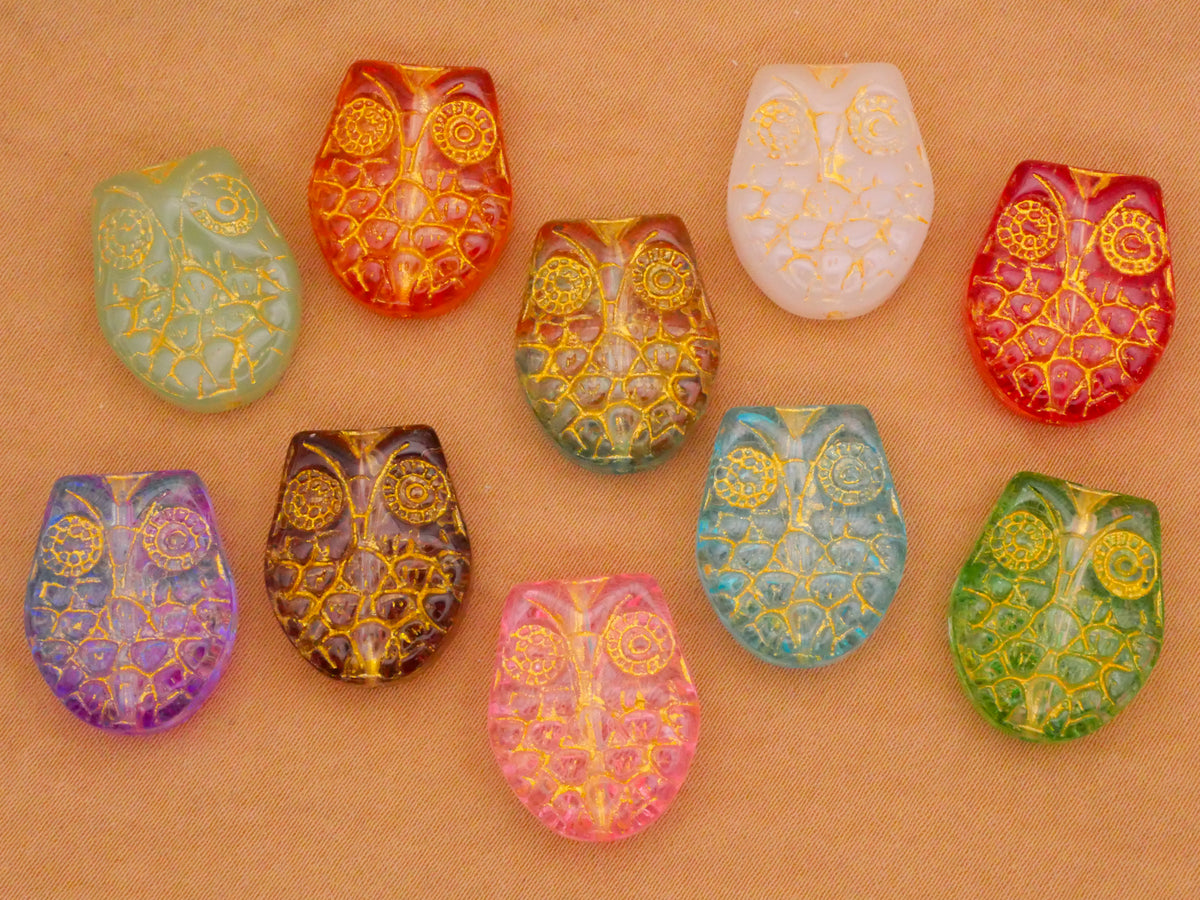 Owl Bird Colorful Glass Assorted Set of Five Beads Embellishments 15-19mm