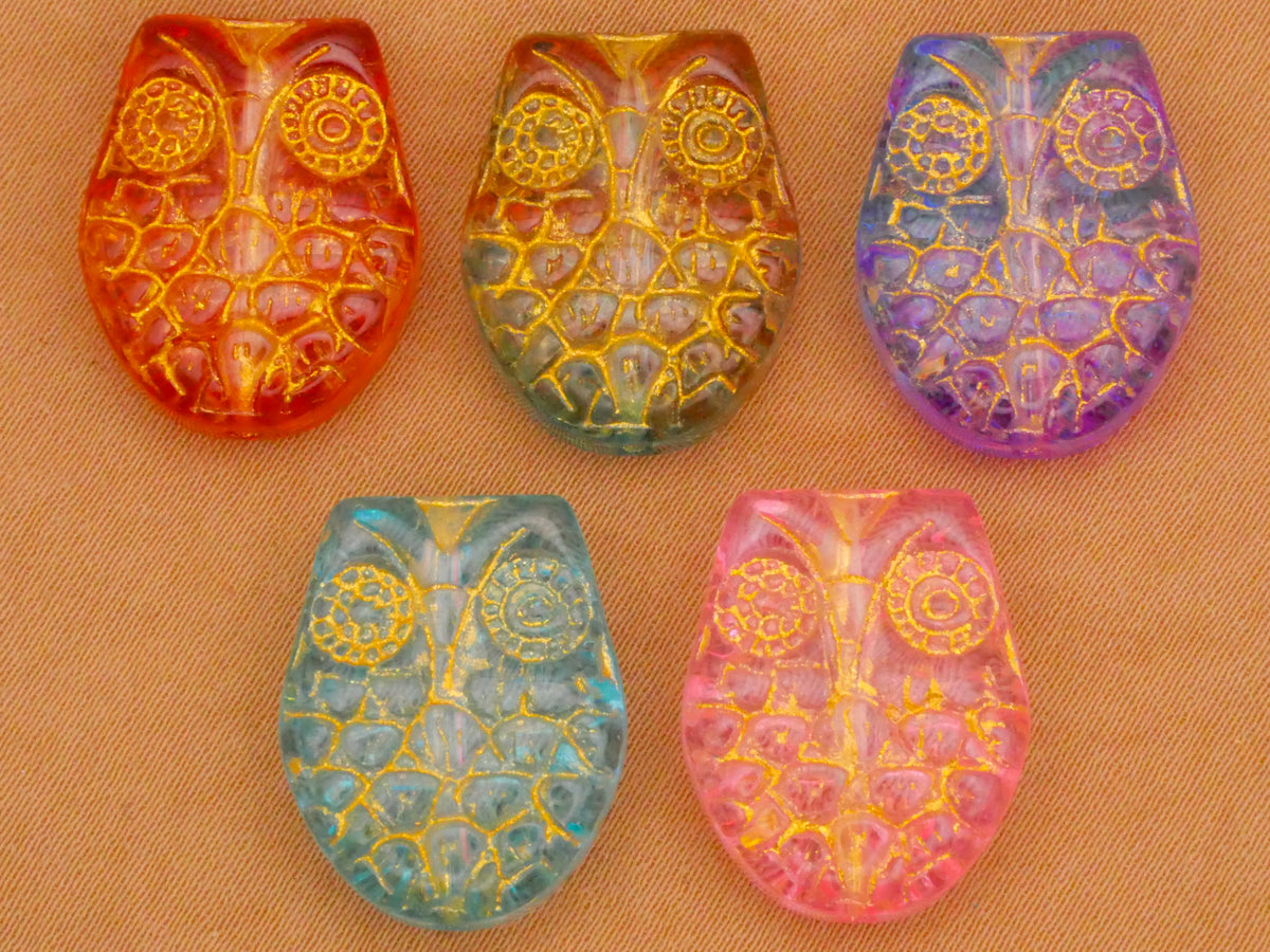 Owl Bird Colorful Glass Assorted Set of Five Beads Embellishments 15-19mm