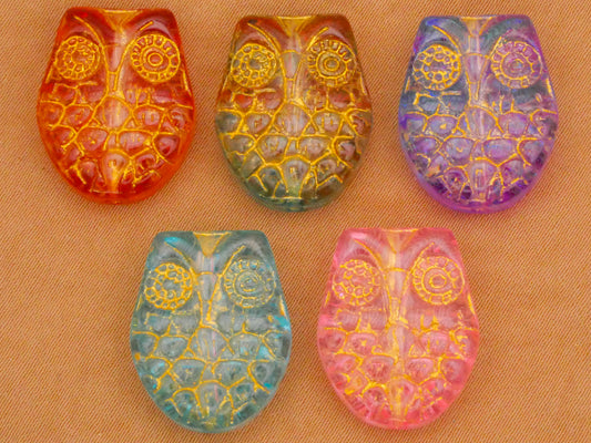Owl Bird Colorful Glass Assorted Set of Five Beads Embellishments 15-19mm