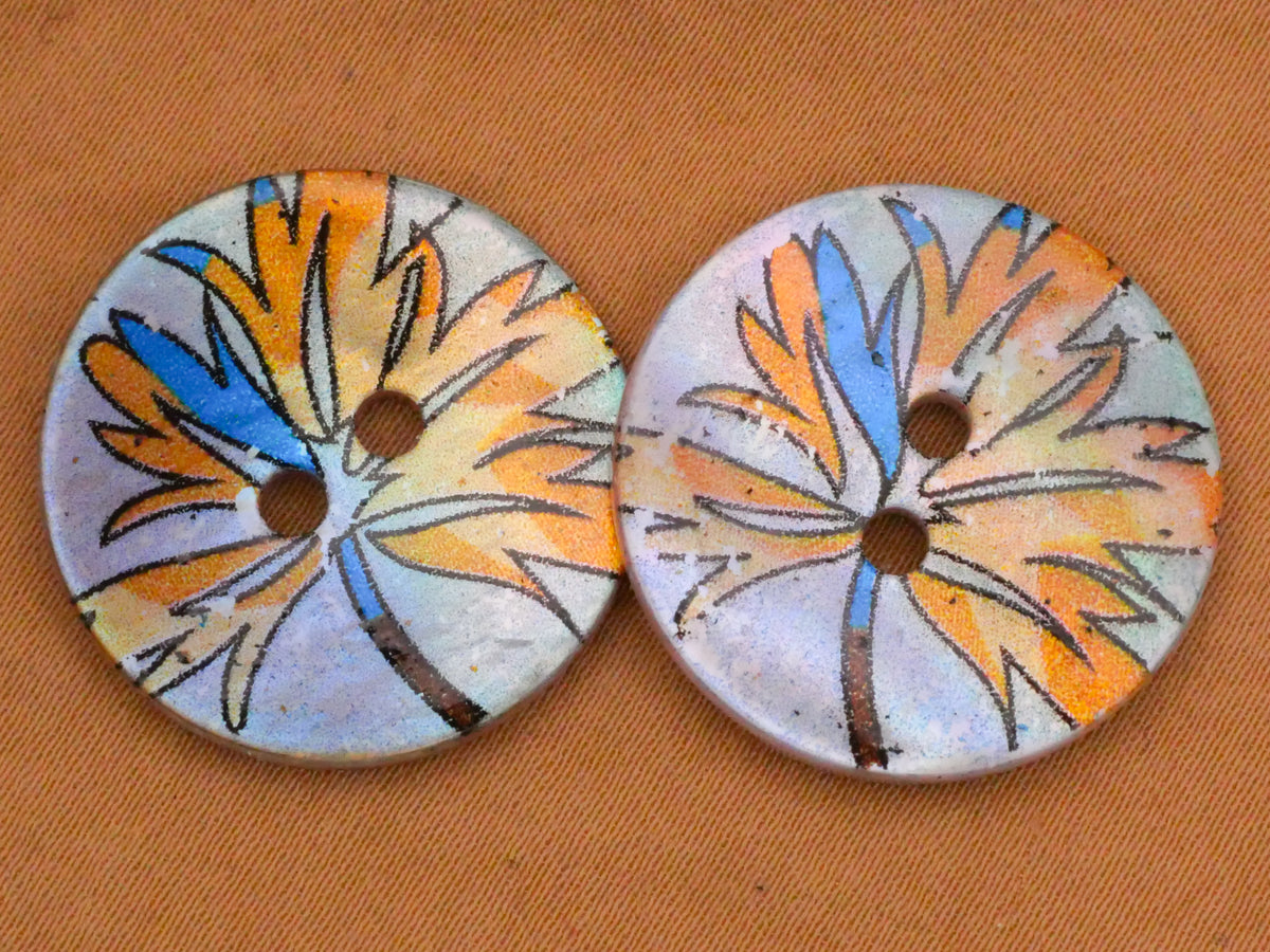Leaf Fall Colors Orange Blue Shell Mother of Pearl Pair of Buttons 23mm