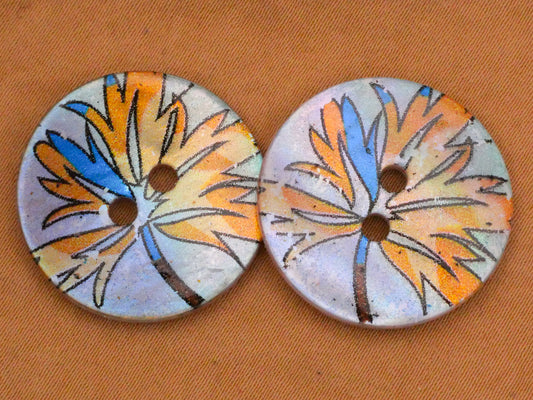 Leaf Fall Colors Orange Blue Shell Mother of Pearl Pair of Buttons 23mm